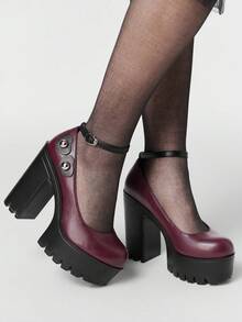 ROMWE Kawaii Women's Leopard Print Thick Sole Buckle Design High Heel Shoes, Suitable For Party Occasions Valentine's Day Y2K 2000s Style - Burgundy - View 5
