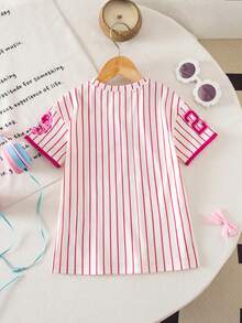 SHEIN Babygirl Casual Sports Cute Letter & Stripe Short Sleeve Loose Top - Hot Pink - View 3