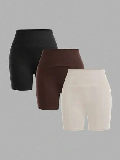 SHEIN Girlism Conjunto de 3 piezas para niñas preadolescentes con pantalones cortos, ajuste delgado, cintura ancha y unicolor, cómodo y casual