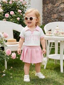 Souflis Souflis 2pcs Baby Girl Pink Summer Cute Back-To-School Outfit,Newborn 0-3 Years Old Casual Sporty V-Neck Polo Collar Short Sleeve Tee Shirt And Pleated Skirt - Pink - View 2