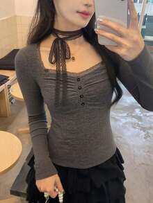 DAZY 女士优雅系带长袖T恤，适合春秋季穿着 - 灰色 - 查看 2
