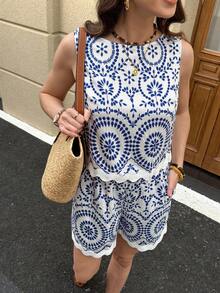 Solivie 女士度假休闲印花背心和短裤两件套 - 藍白色 - 查看 1