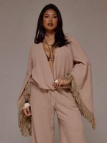 MUSERA Plus Size Cheesecloth Plunge Wrap Front Fringed Long Sleeve Top,Dusty Pink,Autumn,Boho,Vacation,Holiday Beach Elegant Ibiza Festival Tajine Y2K Social - Apricot - View 5