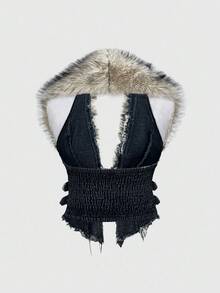 ROMWE Hippie Y2K Detachable Faux Fur Collar Denim Jacket For Women - Dark Wash - View 4