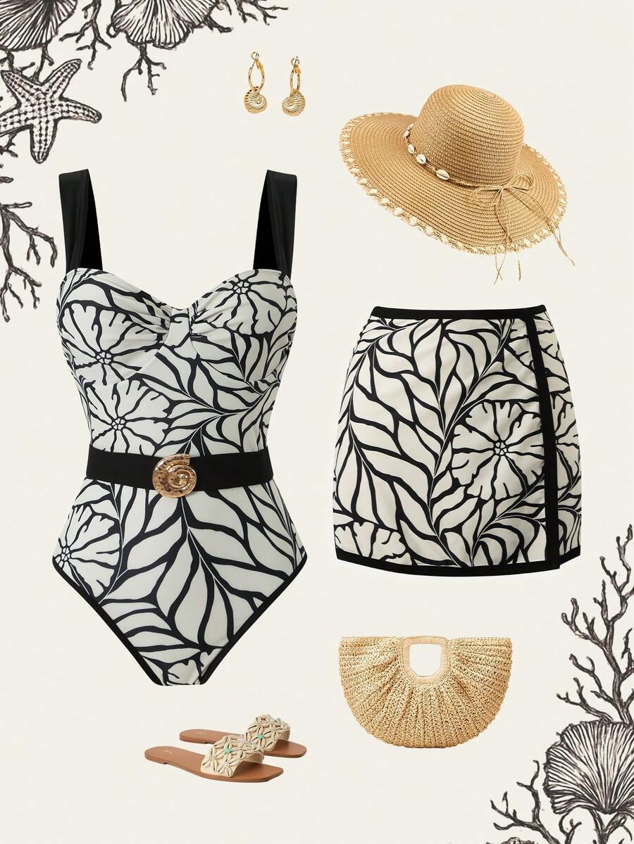 Swim Oasis 春夏新款女士连体泳衣高端套装，带钢圈，随机南美印花设计，黑色肩带和腰带组合，贝壳金属配饰，开衩裙摆，三件套欧美海滩度假泳衣套装 - 彩色 - 查看 1