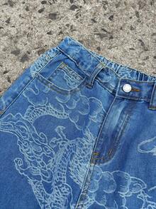 SHEIN 青少年男孩时尚返校街头风混搭百搭设计 Y2K 白色交叉设计宽松舒适清爽龙纹宽松七分牛仔短裤，适合男孩日常穿着及儿童春夏服装 - 藍色 - 查看 3