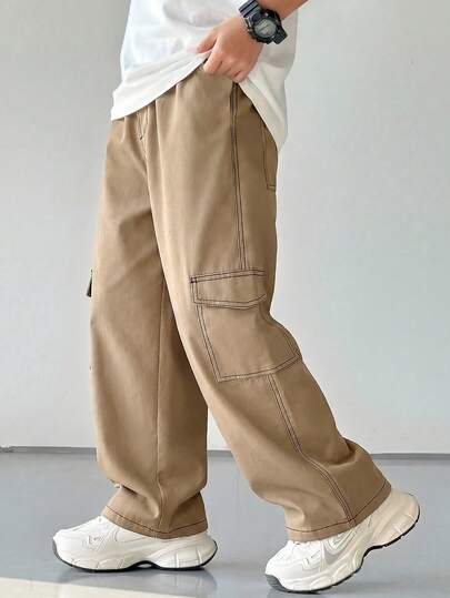 SHEIN 1件装青少年男童休闲运动学院风文艺复古直筒裤，带工作口袋和撞色线条装饰，适合返校、生日派对、晚宴、演出、婚礼、洗礼、开幕式、日常穿着，适合上学、度假、旅行、运动，适合春夏季节。