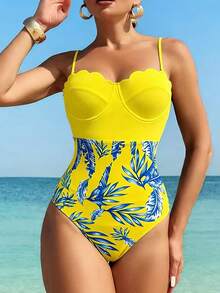 Swim Lushoire 新款女士贝壳花朵连体泳衣 - 黃色 - 查看 1