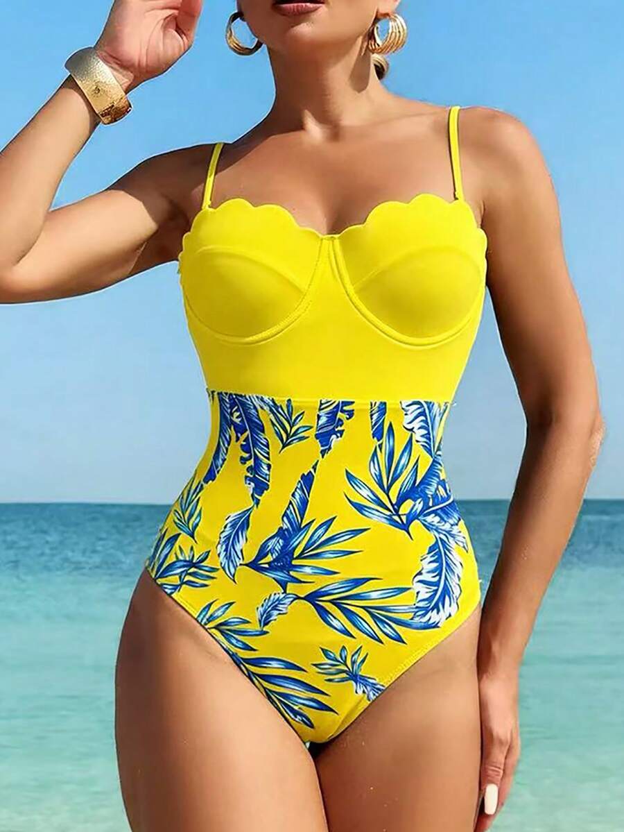 Swim Lushoire 新款女士贝壳花朵连体泳衣 - 黃色 - 查看 1