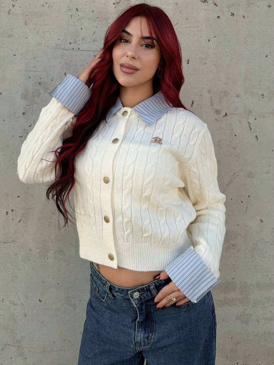 Bearsaez 时尚博主风格二合一拼布针织开衫 - 米色 - 查看 1