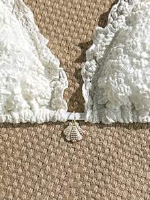 Swim Mod Solid Flower Textured Fabric Faux Pearl Sheen Scallop Trim Halter Triangle Bikini Top, Sexy Swimwear For Spring/Summer Beach Vacation - Beige - View 4