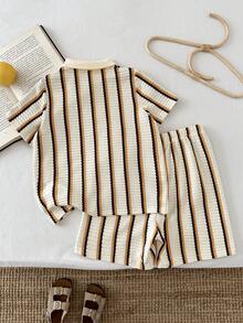 LMoss Kids 男童针织条纹休闲衬衫短裤套装（2件套） - 彩色 - 查看 2