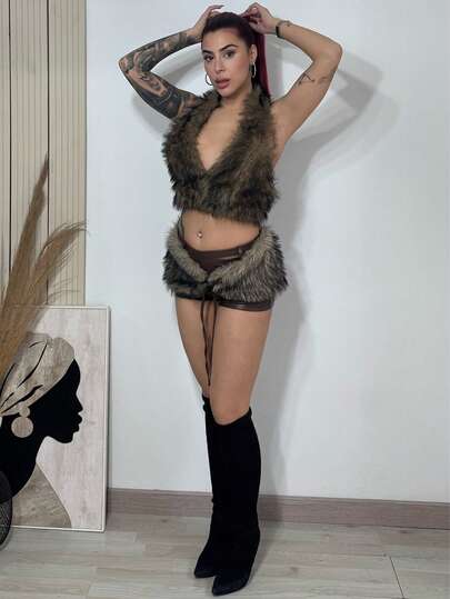 Bearsaez 女士简约低腰 PU 皮革和毛绒拼接短裤，休闲度假