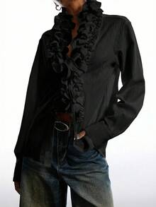 LYSMO New Minimalist Spring Women's Solid Color Ruffle Trim Long Sleeve Fashion Blouse, Black Ruffle Trim Top, Ruffle Trim Shirt - Black - View 5
