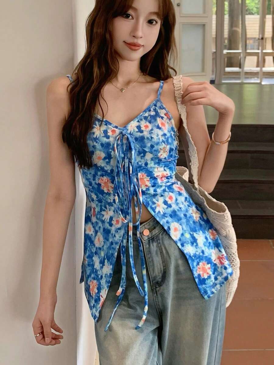 K-Vae 女士夏季印花吊带背心，系带设计，不对称下摆，修身版型 - 彩色 - 查看 1