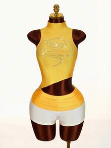 Amplova Y2K Rhinestone Embellished Top With Asymmetrical Hem, Low Waist Women Shorts, 2-Piece Set - Yellow - View 1
