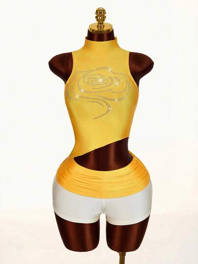 Amplova Y2K Rhinestone Embellished Top With Asymmetrical Hem, Low Waist Women Shorts, 2-Piece Set