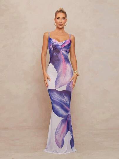 Lumalex 女士紫色百合花印花连衣裙及披肩