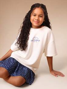 SUMWON 女孩夏季俱乐部新汉普顿印花短袖白色圆领T恤休闲宽松版型上衣 - 白色 - 查看 5