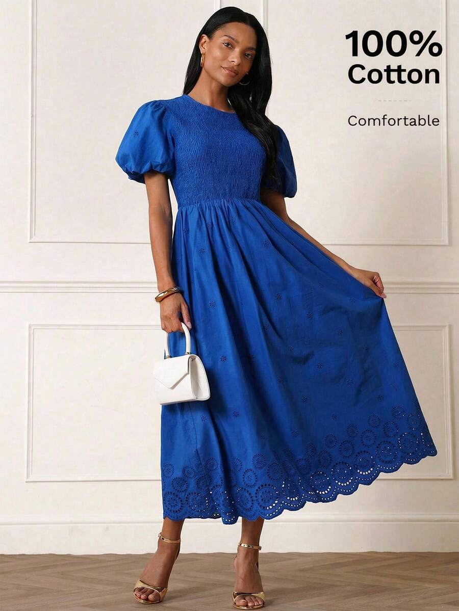 Lilora 女士优雅圆领蓝色中长连衣裙 - 藍色 - 查看 1