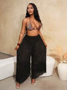 BamGleam 女士 Bamglam 网眼镂空沙滩罩衫派对长裤，夜店套装日常穿着，春夏度假短裤 - 黑色 - 查看 4