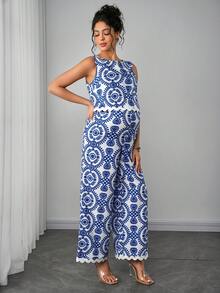 Momance 孕妇无袖植物印花上衣+可调节腰围裤子两件套，夏季 - 藍色 - 查看 5