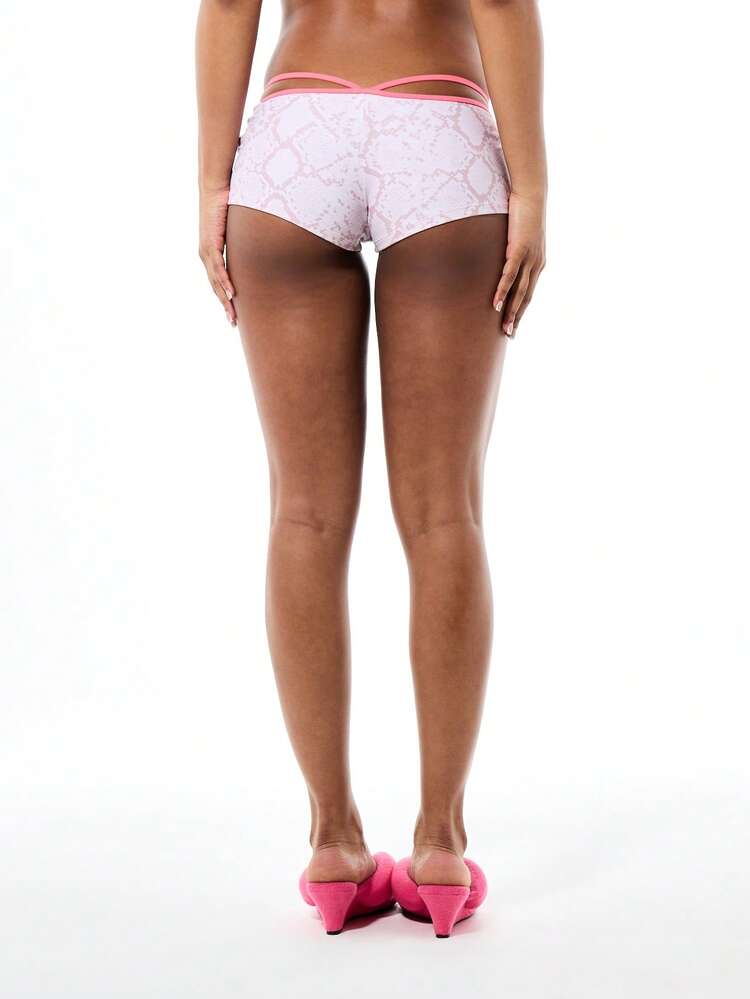BABYPHAT Women's Pink Snake Print High Rise Bikini Shorts With Contrast Trim Detail Summer Swimwear Bottom