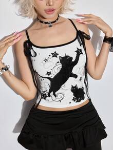 ROMWE Kawaii 可爱黑猫印花蕾丝蝴蝶结修身女式背心 - 白色 - 查看 1