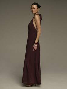 COSMINA Women's Long Dress, V-Neck Sleeveless Women's Dress, Backless Sexy, Chiffon Fabric, Women's Wedding Guest Dress, Wedding Dress, Dress, Elegant Women's Dress, Summer Women's Dress, Date Dress, Party Dress - Brown - View 5