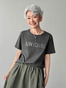 FRIFUL 女士纯灰色字母印花水钻装饰宽松休闲百搭棉质T恤 - 灰色 - 查看 5