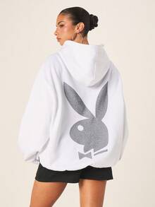 Missguided x Playboy Gaun Mini Hoodie Putih Lengan Panjang dengan Tali Serut untuk Gaya Streetwear Kasual Musim Gugur dan Musim Dingin - Putih - View 2
