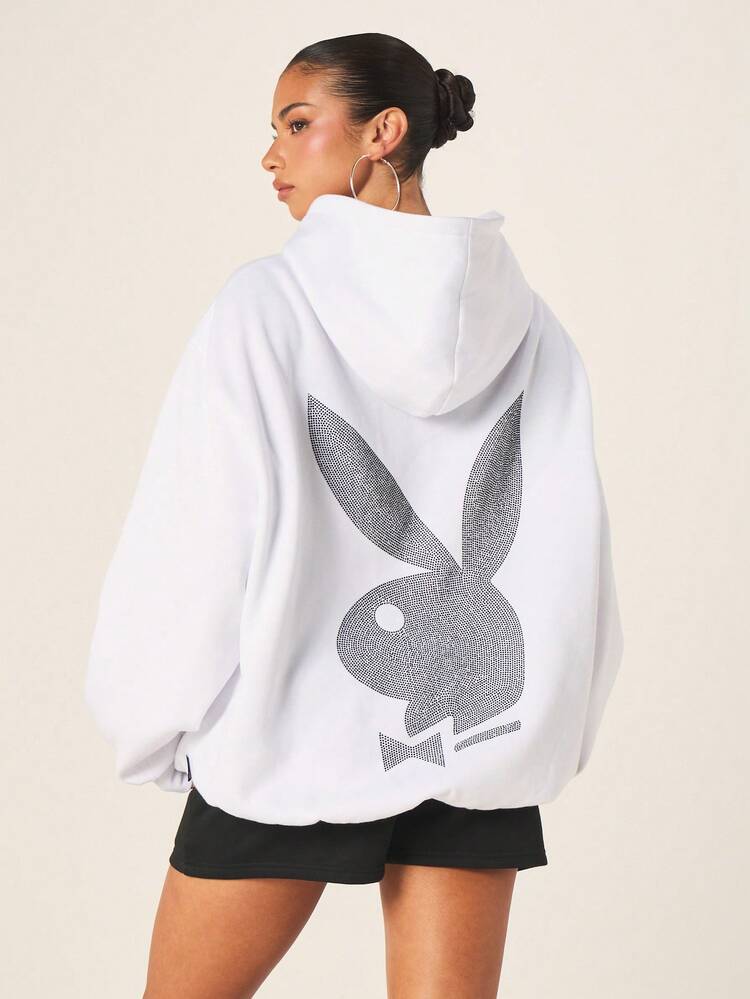 Missguided x Playboy White Hoodie Mini Dress With Long Sleeves And Drawstring Hood For Casual Streetwear Fall Winter Fashion