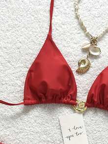 Soleia 女士纯色挂脖系带比基尼上衣和下装套装，搭配条纹印花短裤套装 - 紅色 - 查看 7