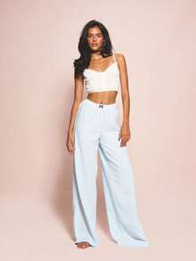 MISSGUIDED Women's Lace Trim Wide Leg Palazzo Lounge Pants High Rise Elastic Waistband Comfort Sleepwear Relaxed Fit - Baby Blue - View 3