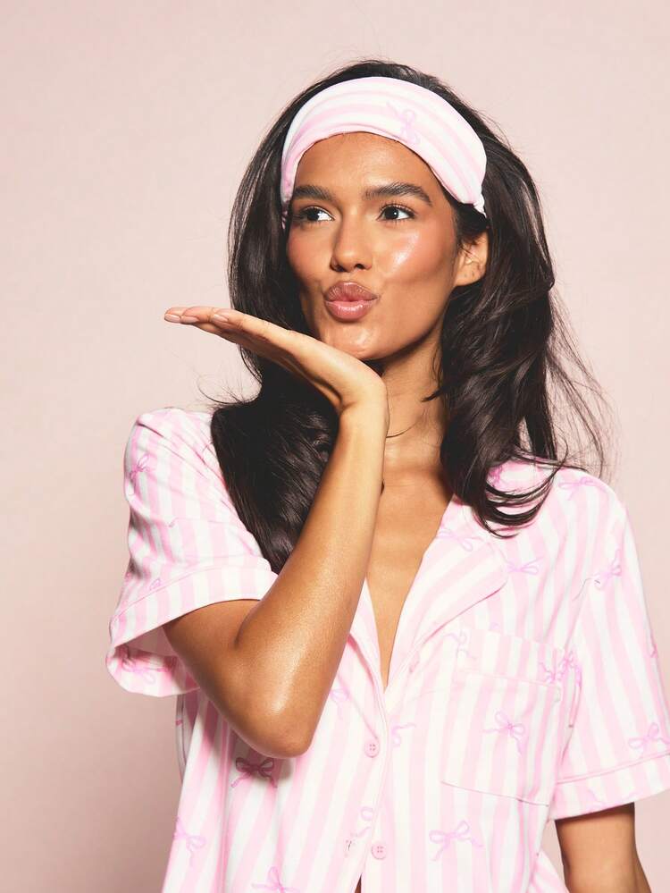 MISSGUIDED Women's Pink Stripe Button Down Pajama Set Short Sleeve Top And Matching Shorts Sleepwear Nightwear Lounge Set Summer Comfort Sleep