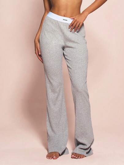 MISSGUIDED Quần dài ống loe dệt kim gân dành cho nữ, cạp chun co giãn và viền tương phản, kiểu dáng thoải mái để mặc nhà.