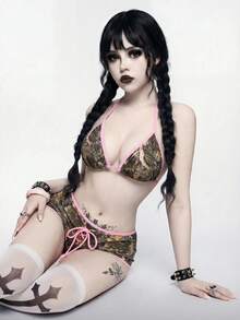 ROMWE Goth 女士全印花露背吊带比基尼上衣和短裤套装 - 彩色 - 查看 1