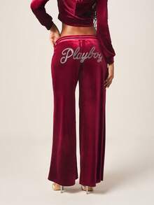 Missguided x Playboy Luxurious Burgundy Velvet Wide Leg Sweatpants With Drawstring Waist And Rhinestone Text Detail For Casual Comfort And Loungewear - Burgundy - View 4