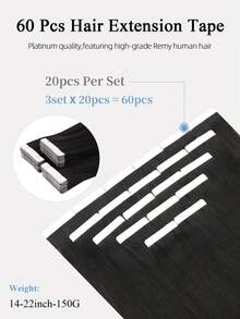 60pcs Tape In Hair Extensions 100% Human Hair #NC Natural Black Straight Style In 14-22 Inch Lengths Extensions Silky Seamless Invisible Top Quality Thick Ends Healthy Human Hair Extensions For Thin Hair And Salon Use  For All Women/Girls Daily Use - Natural Black - View 3