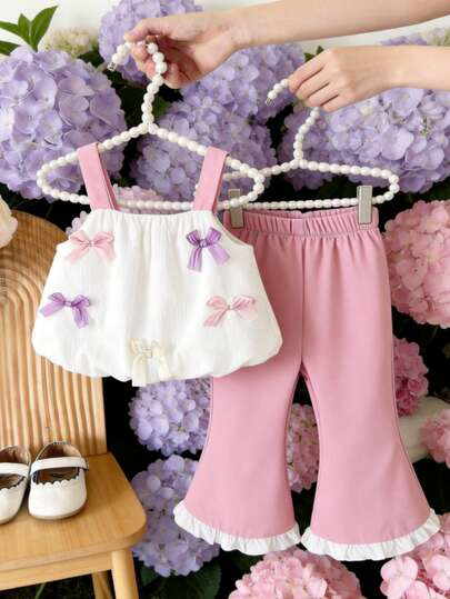 SHEIN 2pcs Baby Girls Cute Bow Decor Sleeveless Camisole Top + Elastic Waist Ruffle Hem Bell-Bottom Pants Casual Pink Outfit, Suitable For Summer Daily Outings Or Travel
