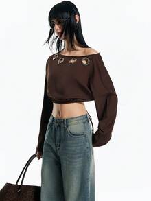 Airlisse Women's Backless Tie Strap Cropped Oblique Shoulder Long Sleeve Sweatshirt, Spring/Summer - Coffee Brown - View 8