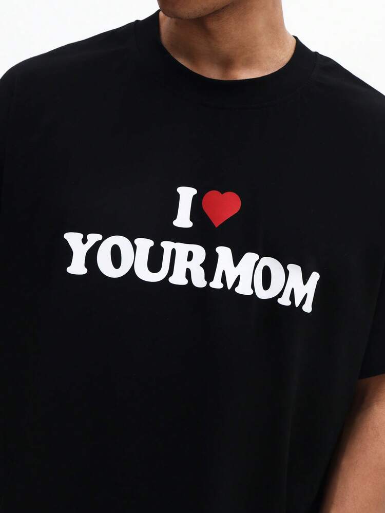 Ich liebe deine Mutter, humorvoller Slogan Grafik schwarzes Kurzarm Boxy Crew Neck T-Shirt, lässiges Statement Shirt