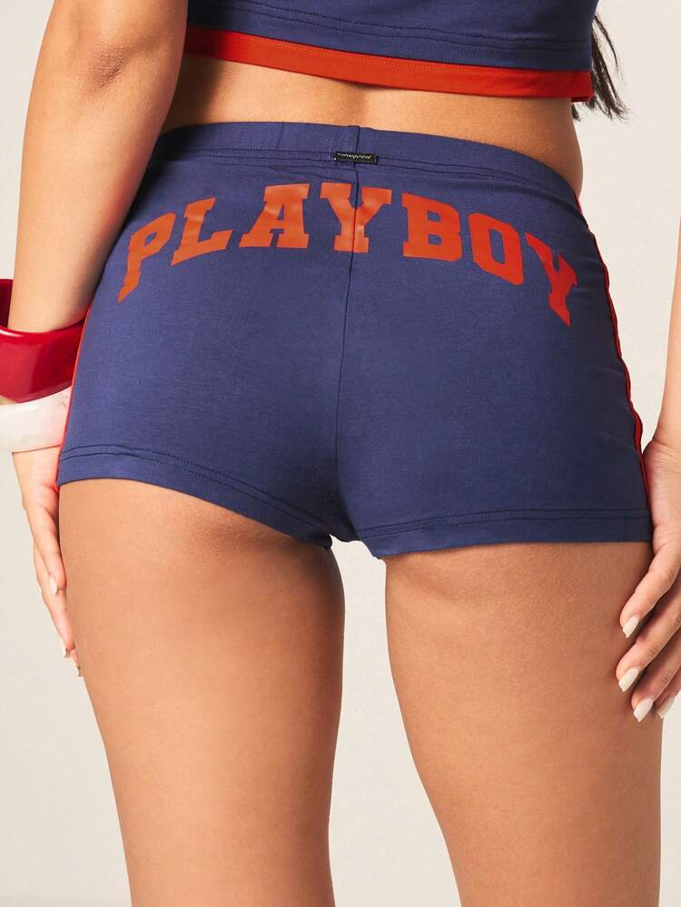 Missguided x Playboy Women's Navy Blue Logo Booty Shorts With Red Side Stripes High Rise Athletic Fitted Hot Pants Casual Sporty Summer