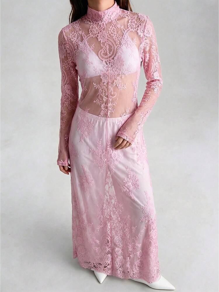 Women's Long Lace Dress, Fitted Waist Design, Pink, Elegant Versatile Business Casual Dress For Urban Chic, Suitable For Daily Wear, Parties, Dates In Spring/Summer,Pink Dress
