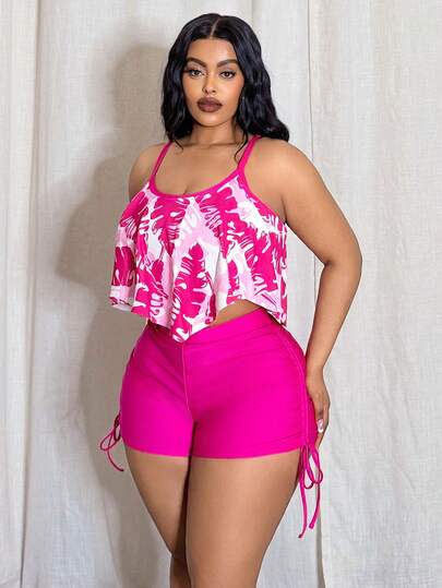 Slaydiva Vacation Style Tie-Dye Bikini Set, Spaghetti Strap Top + High Waist Shorts, Slimming Swimwear For Hot Spring & Beach