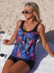 Swim Lushoire 2026 Spring/Summer New Sleeveless Round Neck Dress-Style Printed Modest Mature Tankini Swimwear Set - Multicolor - View 4