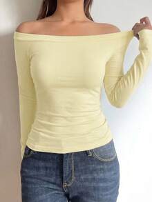 Fluxe 女士休闲纯色针织露肩长袖修身常规款上衣 - 鵝黃色 - 查看 6