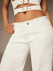 Denimoi Låg midja denimjeans med råa kanter sexiga jeans 90-talsinspirerande mode Y2K - Vitt - Visa 2