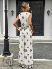 Pariaura 2pcs Women's Minimalist French Style Printed Blouse & Pants Set - Black - View 2