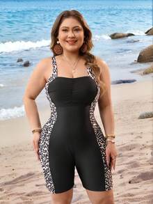 Swim Lushoire Áo tắm liền thân cỡ lớn Lushore 2026 mới, thời trang đi biển mùa hè, họa tiết da báo, xếp ly bên hông, dây đeo dày có thể điều chỉnh, giúp thon gọn vóc dáng, phù hợp cho cả thị trường châu Âu và Mỹ. - màu đen - Xem 4